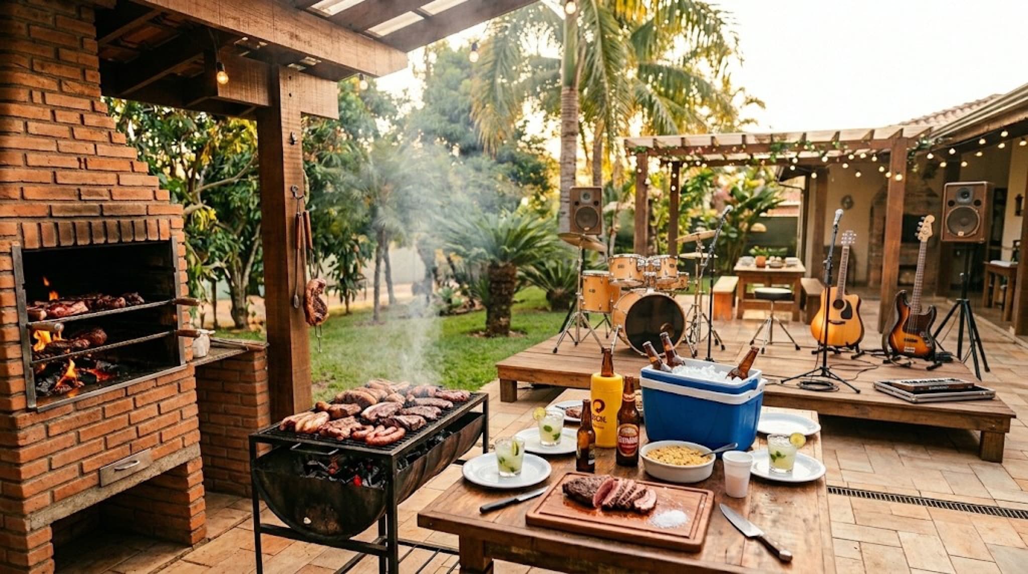 Cenário do projeto Resenha e Churrasco com churrasco e instrumentos